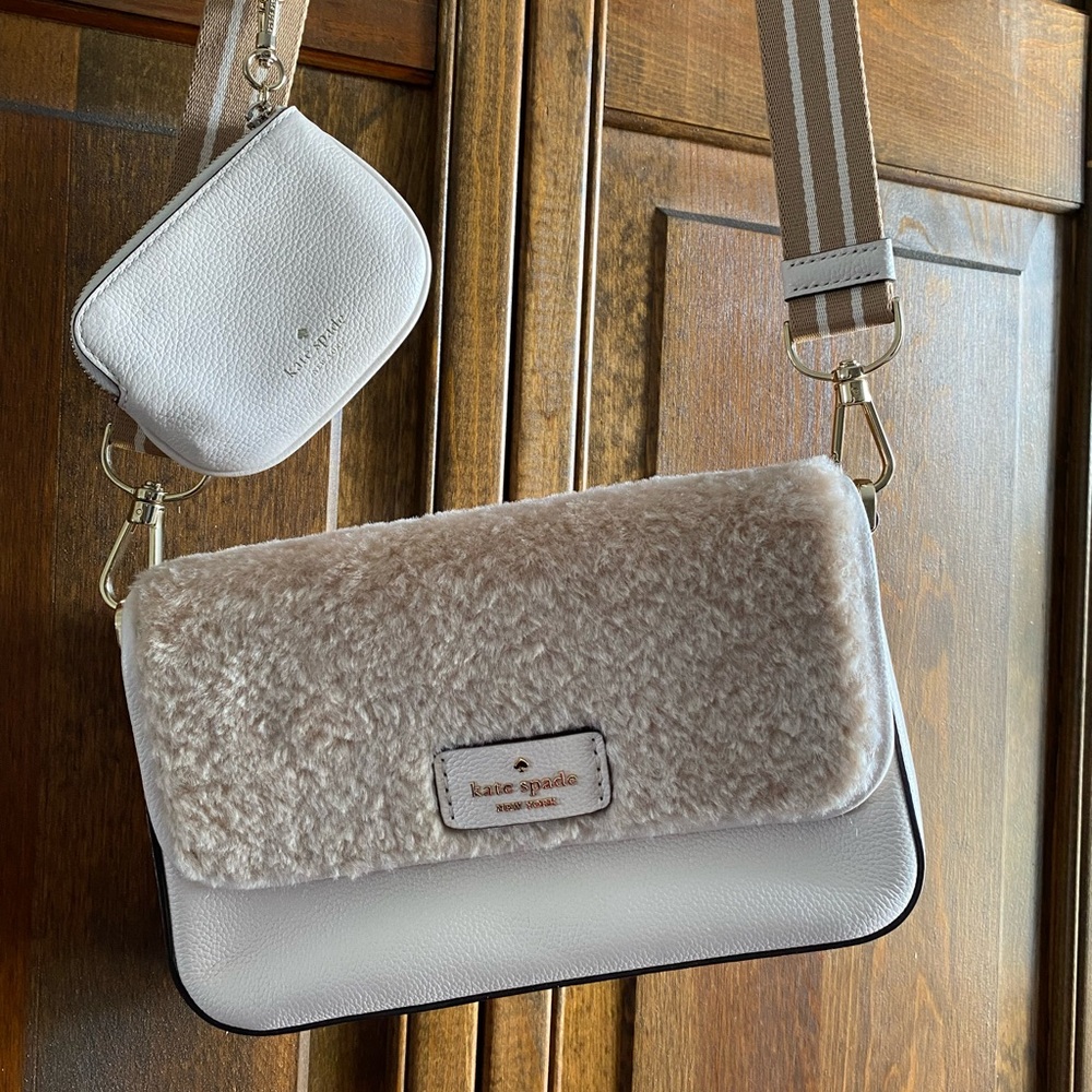 Kate Spade Rosie Cream Shearling-Trim Crossbody with Striped Strap